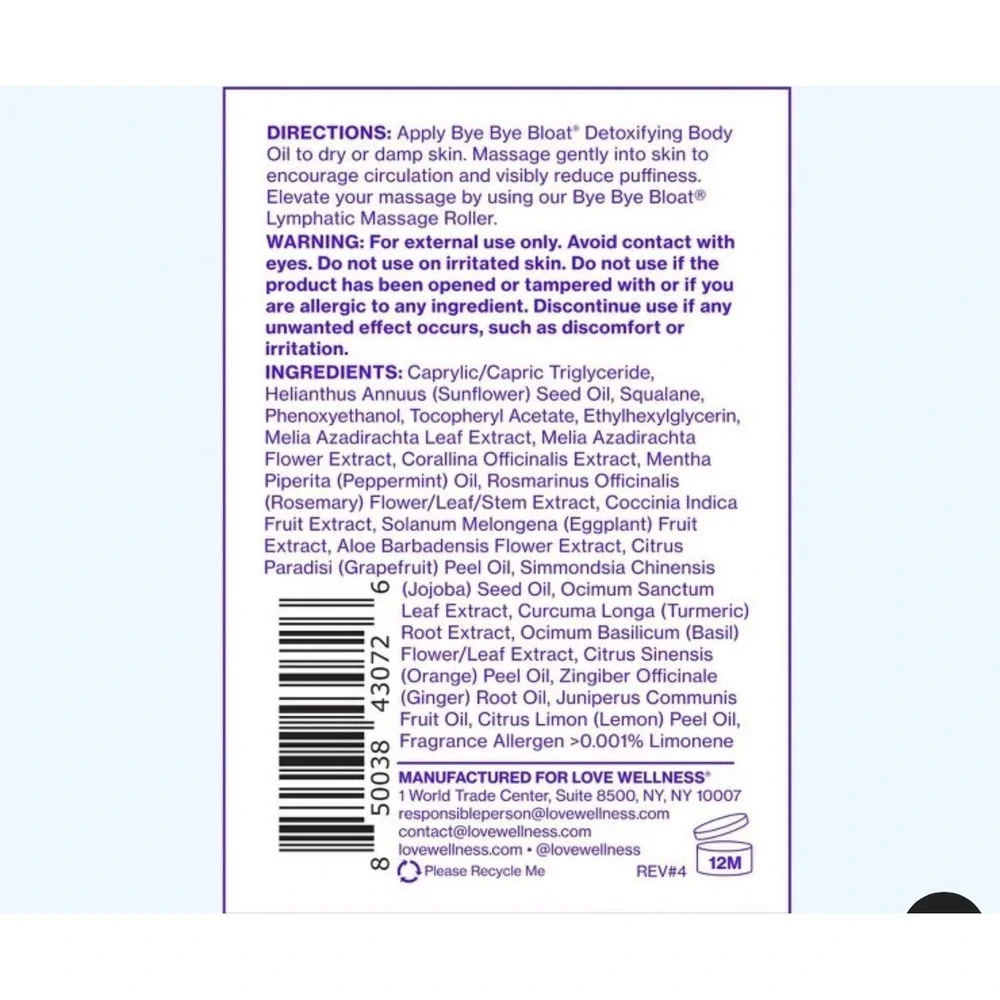 Love Wellness Bye Bye Bloat Detoxifying Body Oil 3.38oz Lymphatic Flow Hydrating